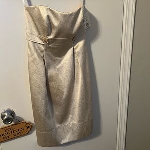 David’s Bridal mad- men style gold dress